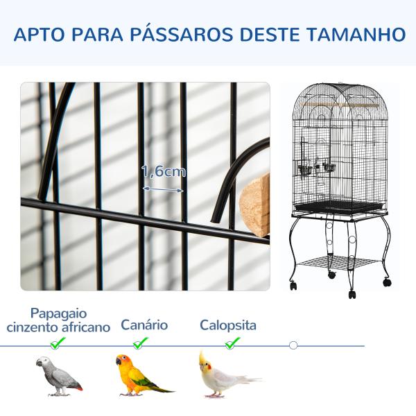 Gaiola para Pássaros com Suporte e Rodas Bandeja Amovível e 2 Tigelas 51x51x153 cm Preto