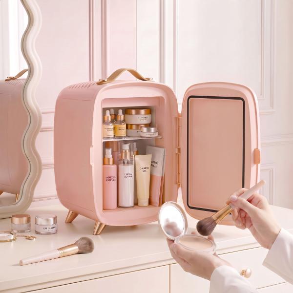 Mini Frigorífico para Cosméticos com 6 L, Porta com Espelho e Luzes LED Ajustáveis, Rosa, 24,3 x 19,4 x 35,6 cm