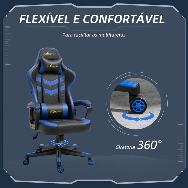 Cadeira Gaming Cadeira de Escritório Ergonómica com Altura Regulável Basculante Apoio de Cabeça 61x70x121 - 129 cm Azul