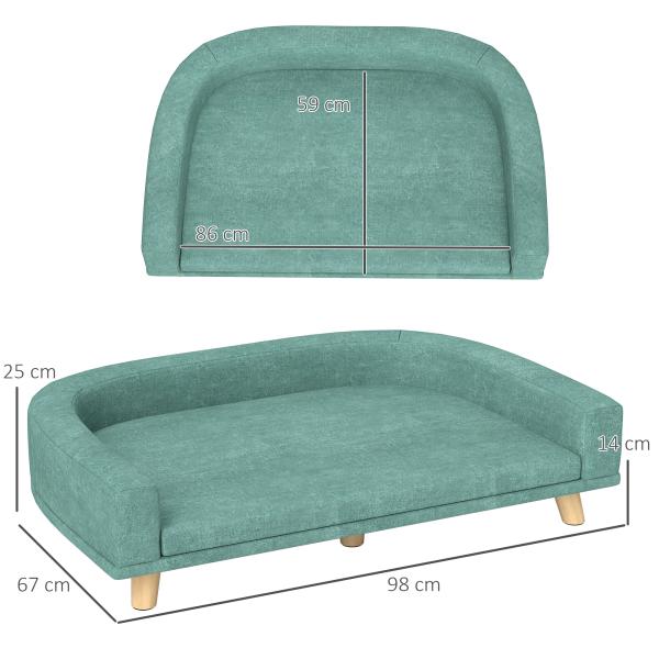 Sofá para Cães Cama Elevada para Cães Estofada com Almofada Lavável e Pés de Madeira de Pinho 98x67x25 cm Verde