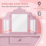 Toucador Infantil de Madeira com Banco e Espelho de Acrílico de 2 Seções Mesa de Maquilhagem Infantil 63x40x85,5 cm Rosa