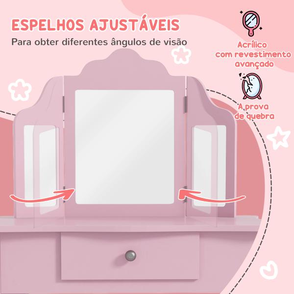 Toucador Infantil de Madeira com Banco e Espelho de Acrílico de 2 Seções Mesa de Maquilhagem Infantil 63x40x85,5 cm Rosa