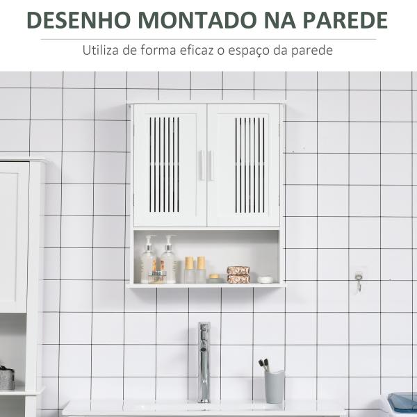 Armário de Parede Casa de Banho com Armazenamento 2 Portas em Ripas Prateleira Ajustável e Compartimento 60x20x70 cm Branco
