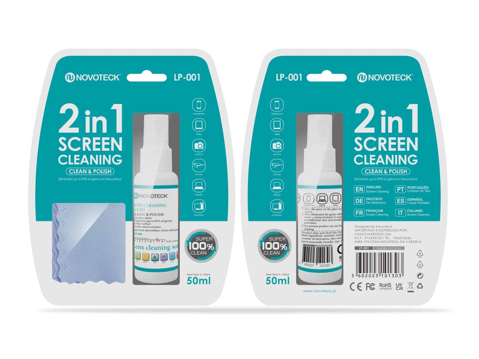 Kit de Limpeza para Telas LP-01 2 em 1 – Líquido 50ml com Pano de Microfibra, Elimina 99% dos Germes, Ideal para Dispositivos Eletrônicos