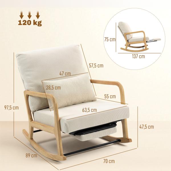 Poltrona Baloiço com Encosto Ajustável de Veludo Cotelê Nórdica Pés de Madeira Braços Almofada Lombar 70x89x97,5 cm Creme