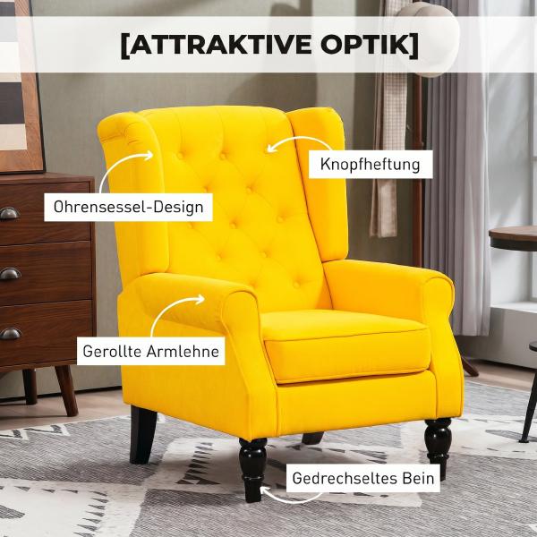 Poltrona de Sala com Apoios de Braço e Pernas de Madeira Capacidade de 160 kg para Quarto Escritório 74x86x102 cm Amarelo