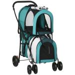 Carrinho Duplo para Cães Gatos Dobrável com 2 Transportadoras Portáteis Cinto de Segurança 66x50x98 cm Turquesa e Cinza