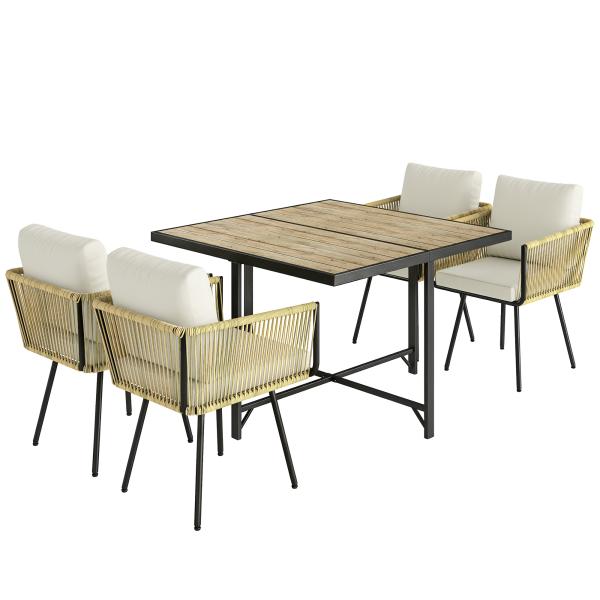 Conjunto de Refeição Jardim de 5 Peças Mesa de Refeição com Imitação de Madeira e 4 Cadeiras com Almofadas Bege e Madeira