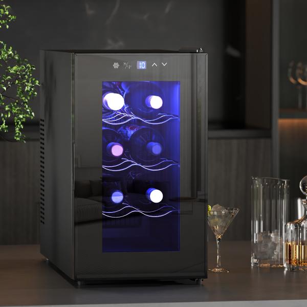 Cave para Vinhos com Refrigeração Termoelétrica Dupla Temperatura Ajustável 8 - 18℃ Porta de Vidro Anti - UV Ecrã LED Tátil Luz Interior 26,5x51,5x47,5 cm Preto