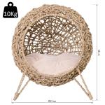 Cama para Gatos em Vime Sintético com Base de Tripé Almofada com Pelúcia e Algodão Suave Desenho Elevado Ø52x58 cm Madeira