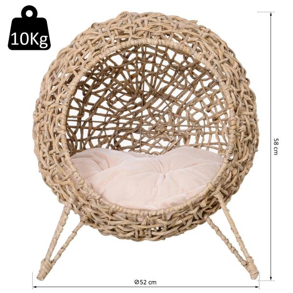 Cama para Gatos em Vime Sintético com Base de Tripé Almofada com Pelúcia e Algodão Suave Desenho Elevado Ø52x58 cm Madeira