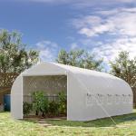 Estufa Tipo Túnel 595x300x200cm Estufa de Jardim Grande com 12 Janelas e Porta Enrolável com Zíper para Cultivo de Plantas Branco