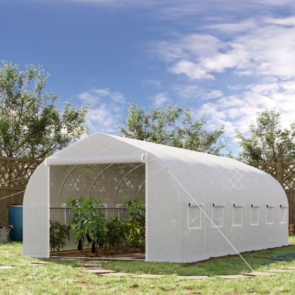 Estufa Tipo Túnel 595x300x200cm Estufa de Jardim Grande com 12 Janelas e Porta Enrolável com Zíper para Cultivo de Plantas Branco