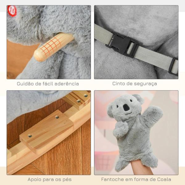 Baloiço Infantil com Forma de Coala com Fantoche para Bebés 18 - 36 Meses com Som Cinto de Segurança e Apoio para os Pés 60x33x50cm Cinza