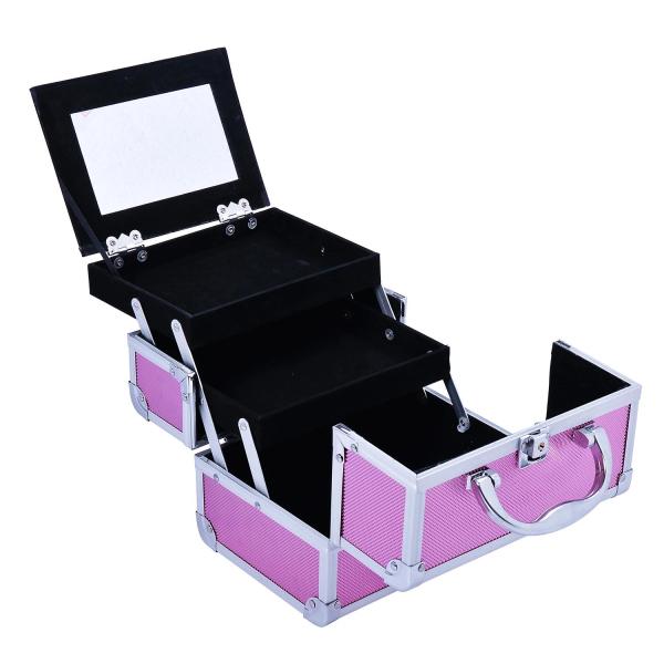 Estojo de Maquiagem Profissional Portátil de Cosméticos com Bandejas de 3 Níveis e Espelho 2 Chaves para Porta - Joias Manicure 15x15x20cm Rosa