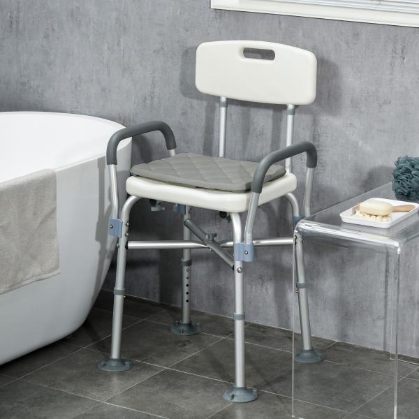 Cadeira de Duche para Idosos com Encosto Apoios de Braço Altura Ajustável Almofada Acolchoada Removível 53,5x52x80 - 90 cm Branco