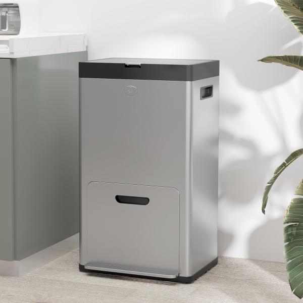 Caixote do Lixo de Cozinha 3 Compartimentos 2x18L+20L (56L) em Aço Inoxidável com Rodas e Tampa de Fecho Suave, Prateado