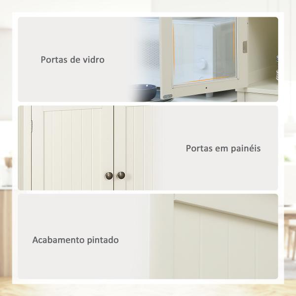 Armário de Cozinha com 2 Portas de Vidro 1 Gaveta e Prateleira Ajustável Móvel Auxiliar de Cozinha 76x40x182,5cm Creme