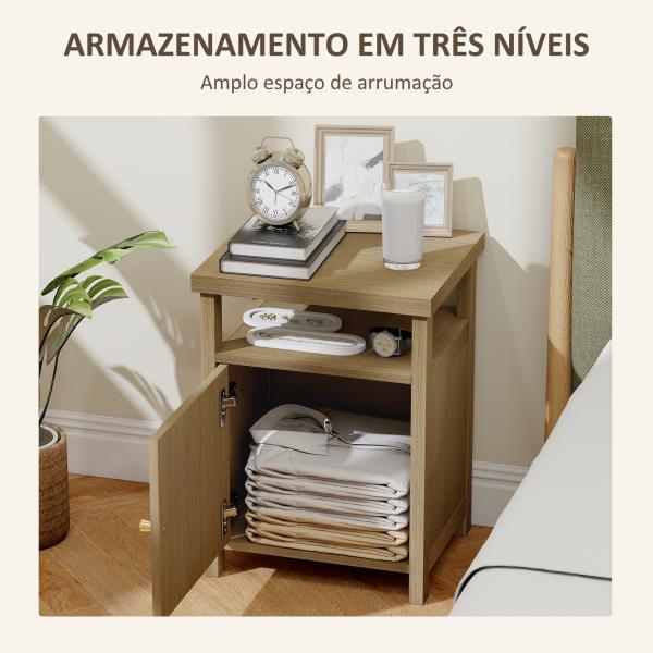 Mesa de Cabeceira com Porta de Vime Prateleira Aberta e Compartimento 40x35x55 cm Madeira