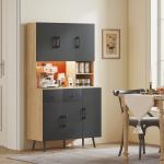 Armário de Cozinha Alto com Luzes LED RGB com 6 Portas 2 Gavetas Bancada 100x40x176 cm Preto e Madeira