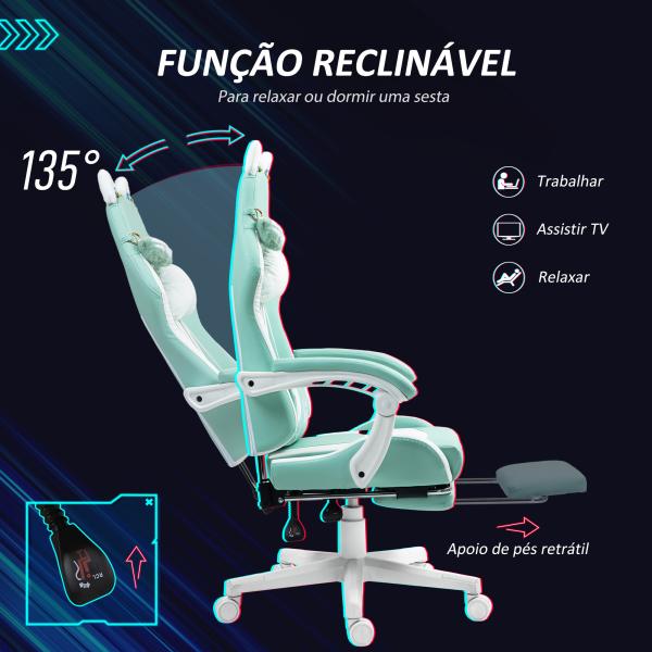 Cadeira Gaming com Orelhas Cadeira Gamer Reclinável com Altura Ajustável e Suporte Lombar 65x62x116 - 124 cm Azul Claro