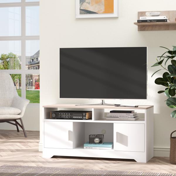 Móvel de TV para Sala de Estar com Espaço de Arrumação Prateleiras Abertas Orifício Passa Cabos 105x40x52 cm Branco e Madeira