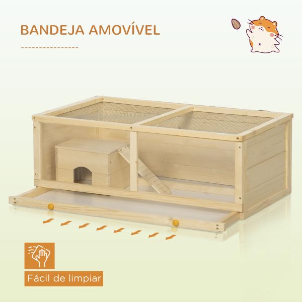 Gaiola para Hamster de Madeira Casa para Roedores com Tampa Abatível Painel de Acrílico Bandeja Amovível 100x58x38cm Madeira
