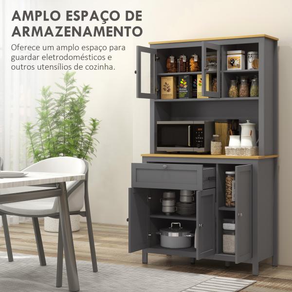 Armário de Cozinha Alto com 5 Portas Prateleira Ajustável, Gaveta Bancada Aberta para Microondas Orifício para Cabo 100x40x180 cm Cinza