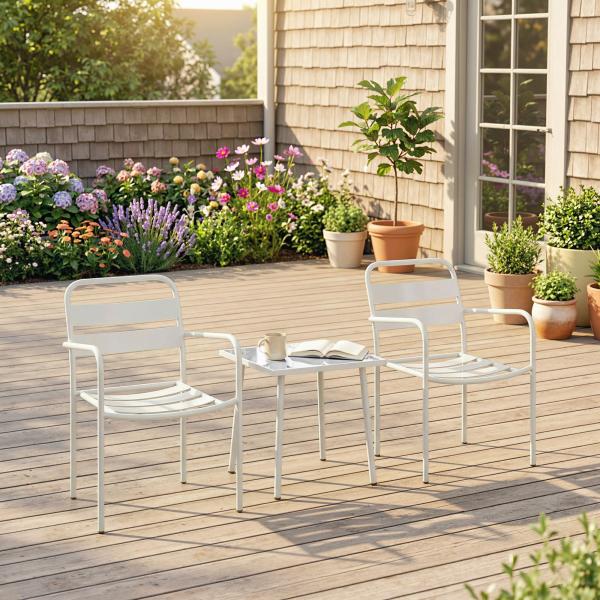 Conjunto de Jardim com 3 Peças em Aço Galvanizado com 2 Cadeiras e Mesa de Vidro Temperado Branco