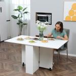 Mesa de Sala de Jantar Dobrável Mesa de Madeira com 2 Prateleiras de Armazenamento e Rodas para Cozinha 75x140x74 cm Branco