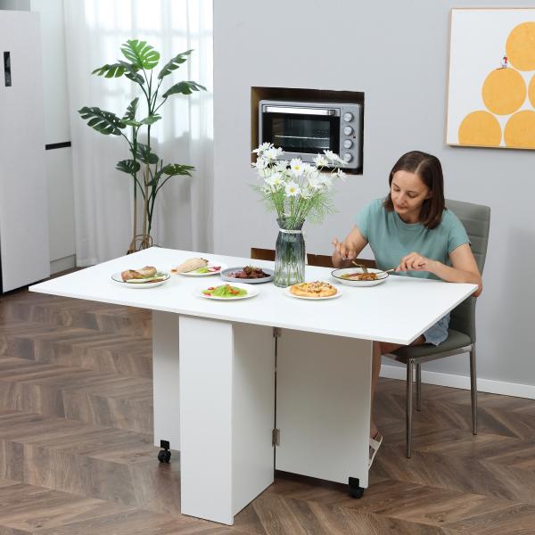 Mesa de Sala de Jantar Dobrável Mesa de Madeira com 2 Prateleiras de Armazenamento e Rodas para Cozinha 75x140x74 cm Branco