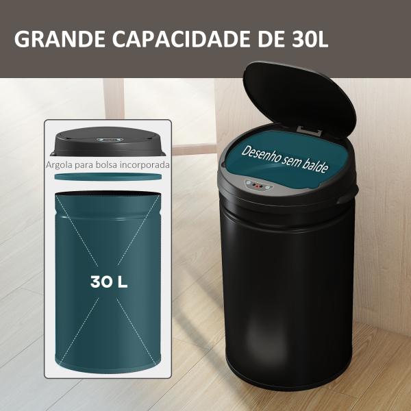 Balde de Lixo de Cozinha Automático 30 L em Aço Inoxidável Sensor Infravermelhos Fecho Automático 32x30,5x51 cm Preto