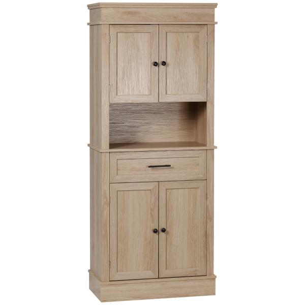 Armário de Cozinha com 4 Portas 1 Gaveta e Prateleira Aberta para Sala de Estar Sala de Jantar 74x39,5x183cm Carvalho