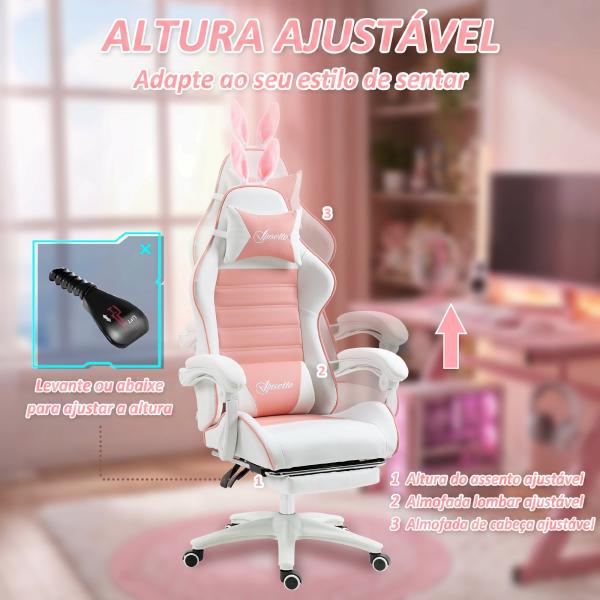 Cadeira Gaming Giratória de Couro PU com Altura Ajustável Inclinável 135° Apoio para a Cabeça 65x63x136 - 142 cm Rosa e Preto