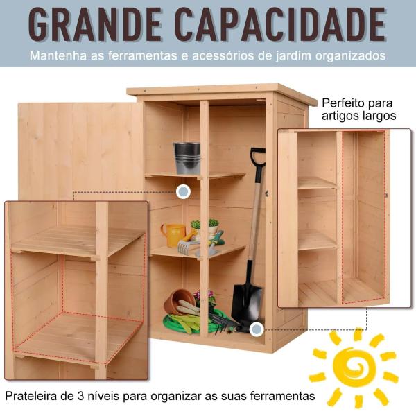 Armário de Jardim de Madeira para Ferramentas com 3 Prateleiras Interiores Porta com Trava e Teto Asfáltico 75x56x115cm Madeira