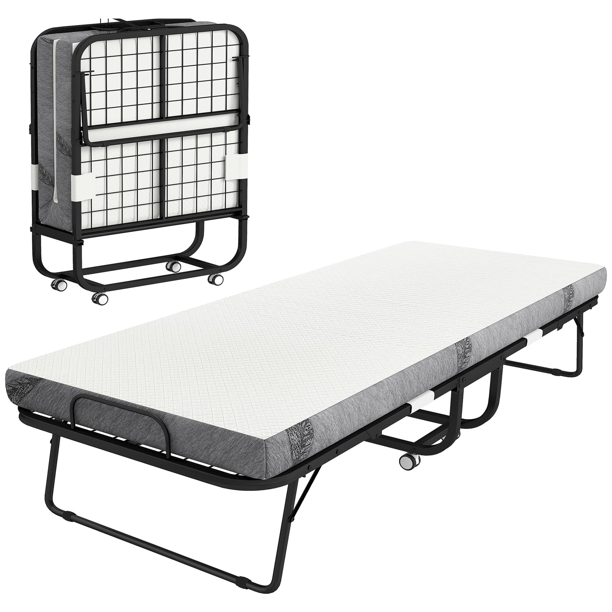 Cama Dobrável 200x90x42,5cm Cama de Campismo Portátil com Colchão Individual Rodas e Freios Carga Máxima 150kg para Dormitórios Branco
