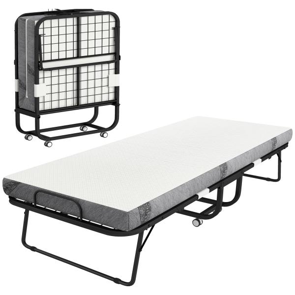 Cama Dobrável 200x90x42,5cm Cama de Campismo Portátil com Colchão Individual Rodas e Freios Carga Máxima 150kg para Dormitórios Branco