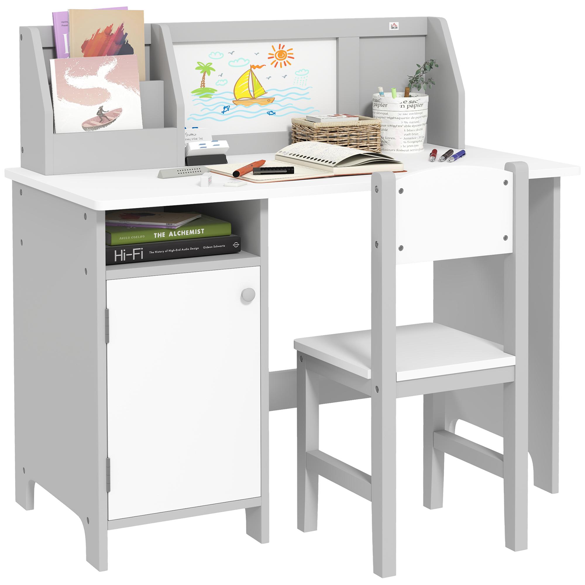 Conjunto de Mesa e Cadeira Infantil de Madeira com Quadro Branco Mesa de Estudo para Crianças acima de 5 Anos 90x45x85cm Cinza