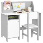 Conjunto de Mesa e Cadeira Infantil de Madeira com Quadro Branco Mesa de Estudo para Crianças acima de 5 Anos 90x45x85cm Cinza