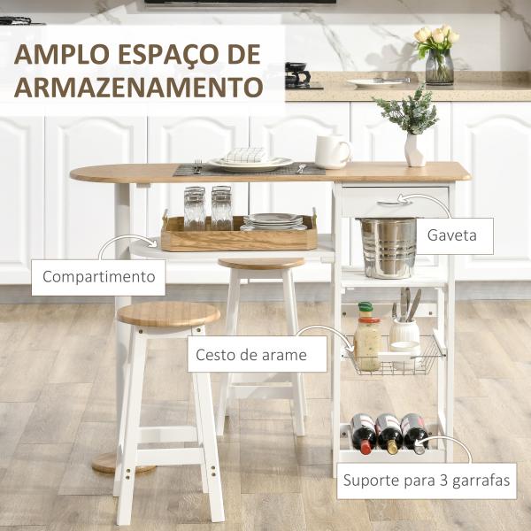 Conjunto de Mesa com 1 Gaveta 2 Prateleiras Cesta Removível e Suporte para Garrafas 119x38,5x88,5cm e 2 Bancos 29x29x55cm Branco
