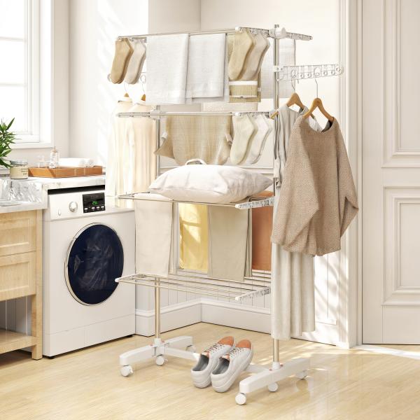 Estendal de Roupa Dobrável 80x55x172cm com 6 Rodas e 4 Prateleiras com Altura Ajustável de Aço Inoxidável Prateado