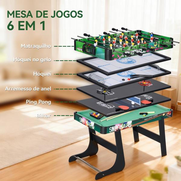 Mesa de Jogos 6 em 1 Dobrável Bilhar Matraquilho Ping Pong Lançamento de Anéis Hóquei com Bastão e Hóquei com Discos 118x104x71cm Multicor