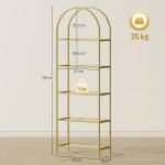 Estante de Vidro de 5 Níveis Estante de Arrumação Estrutura Arqueada Estante Estreita 60x30x175 cm Dourado