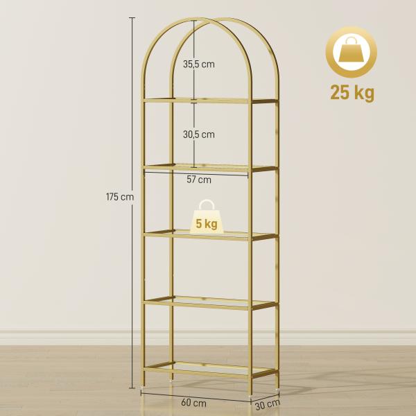 Estante de Vidro de 5 Níveis Estante de Arrumação Estrutura Arqueada Estante Estreita 60x30x175 cm Dourado