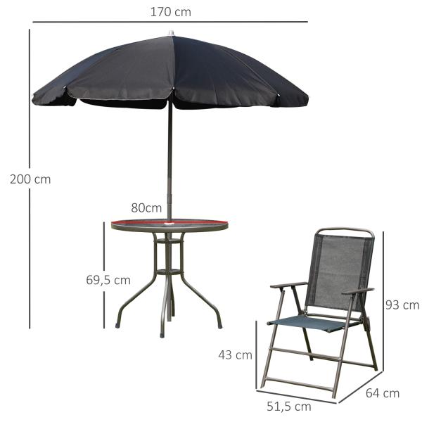 Conjunto de Jardim Refeição 6 Peças com 4 Cadeiras Dobráveis 1 Mesa com Bancada de Vidro e 1 Chapéu de Sol Preto