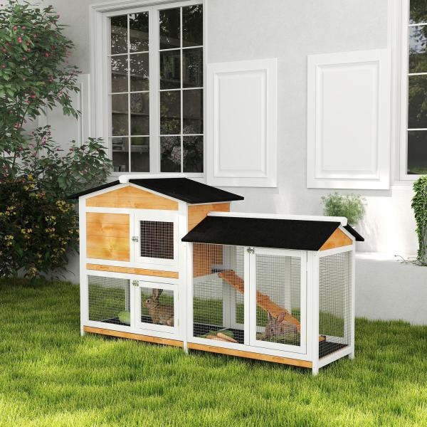 Coelheira de Madeira Exterior Gaiola para Coelhos de 2 Níveis com Teto Asfáltico 2 Cercados de Metal Bandeja Removível 3 Portas e Rampa 157,4x53x93,5cm Natural