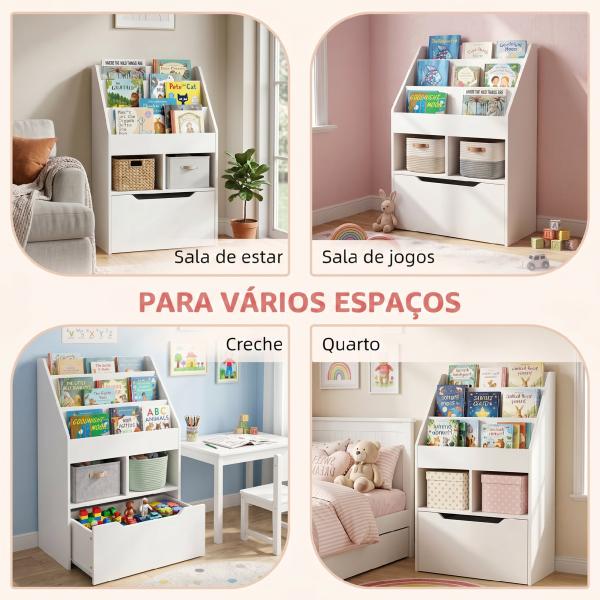 Estante de Madeira para Brinquedos com 3 Compartimentos 2 Cubos e Gaveta Móvel com 4 Rodas Estante para Livros Infantil para Dormitório Infantil Sala de Jogos 60x29,9x90cm Branco
