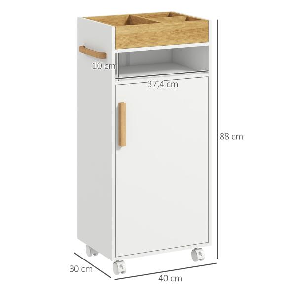 Armário Casa de Banho Moderno com Prateleiras Ajustáveis Armário Bandeja Amovível e Rodas 40x30x88 cm Branco e Carvalho