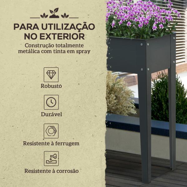 Floreira Elevada Mesa para Cultivo Retangular para Plantas Verduras e Flores com 3 Orifícios de Drenagem 100x30x80cm Cinza