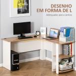 Secretária de Canto 136x130x72 cm com Prateleiras Mesa de Computador em Forma de L para Escritório Casa Branco e Madeira